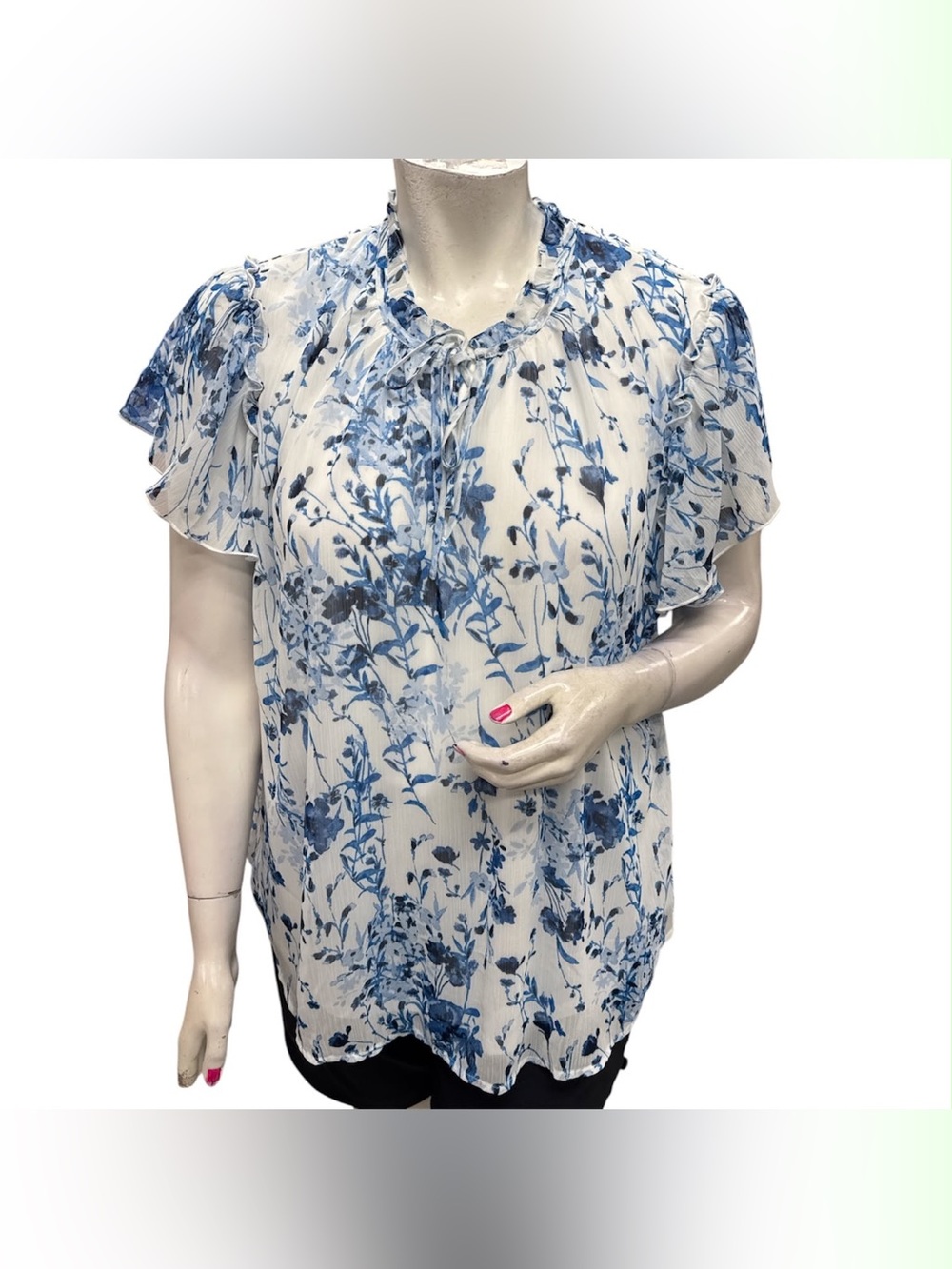 Laura NWT Tie-Neck Floral Chiffon Blouse in White & Blue Size 3X